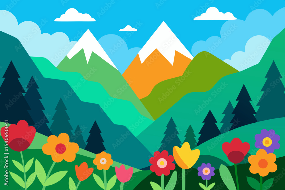 Obraz premium Mountain nature landscape with green trees, blue sky, and summer clouds