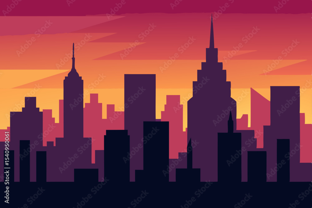 Obraz premium USA urban skylines silhouette illustration at sunset including New York City and Chicago