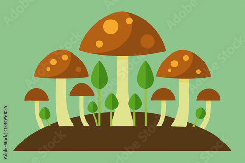Autumn cartoon forest nature illustration with various mushrooms and fungi on the grass