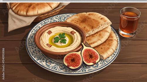 Hummus Plate with Pita and Fig: A culinary masterpiece showcasing the creamy texture of hummus complemented by fluffy pita bread and the sweetness of figs. A visual feast for food lovers.