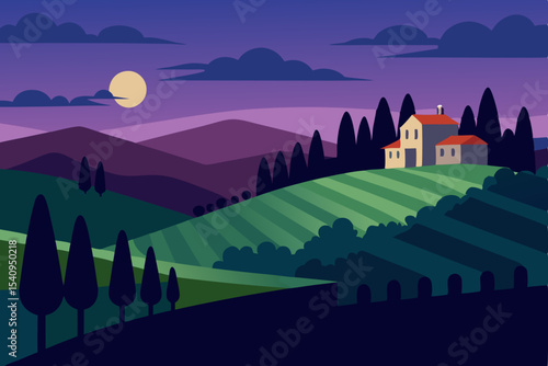 Serene Tuscan Hillside at Night Moonlight, Vineyards, and Rolling Hills