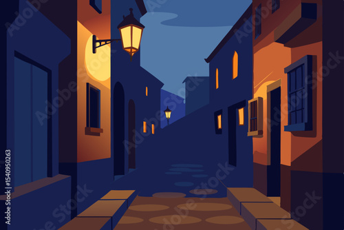 Nighttime Alleyway A Charming Nocturnal Street Scene Illustration
