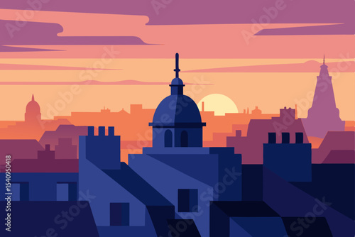 Sunset Cityscape A Vibrant Vector Illustration of Urban Skyline at Dusk