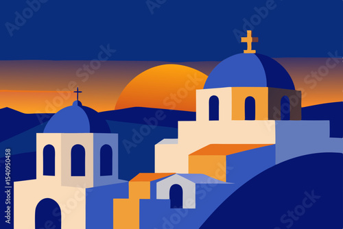 Sunset over Santorini Greek Island Churches and Scenic Vista