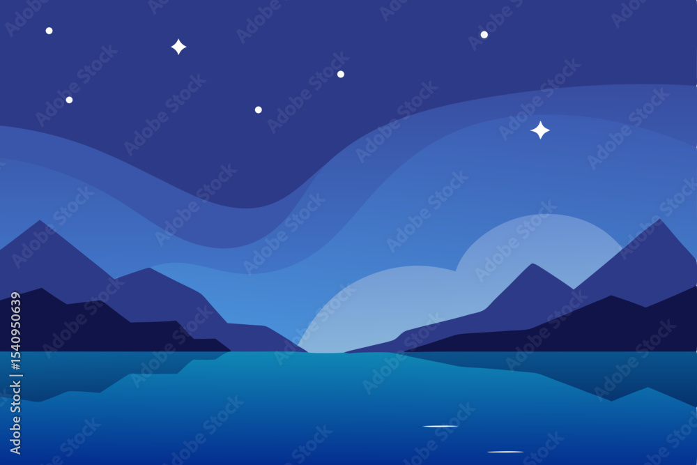 Fototapeta premium Serene Nightscape Mountains, Lake, and Starry Sky Illustration