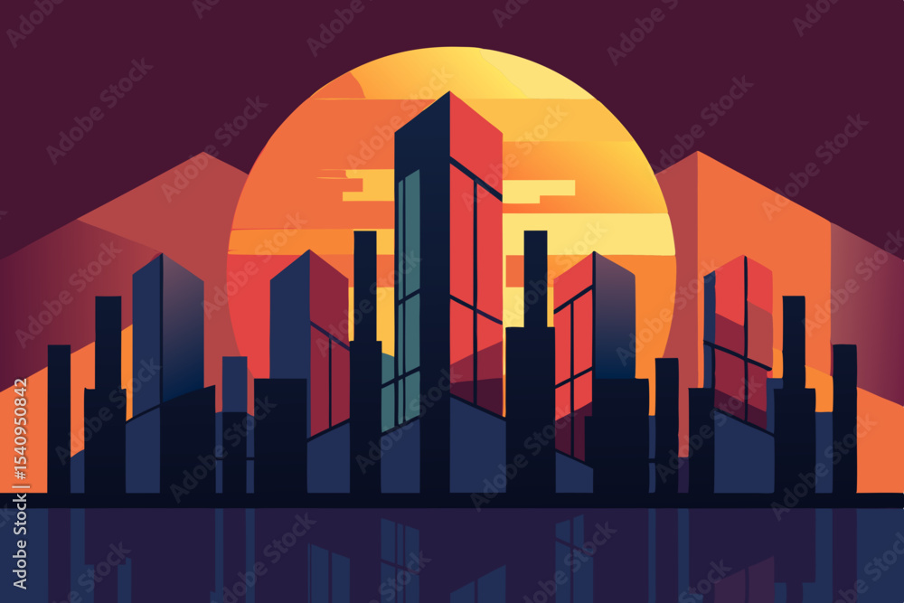 Fototapeta premium Sunset Cityscape Geometric Urban Illustration with Vibrant Colors