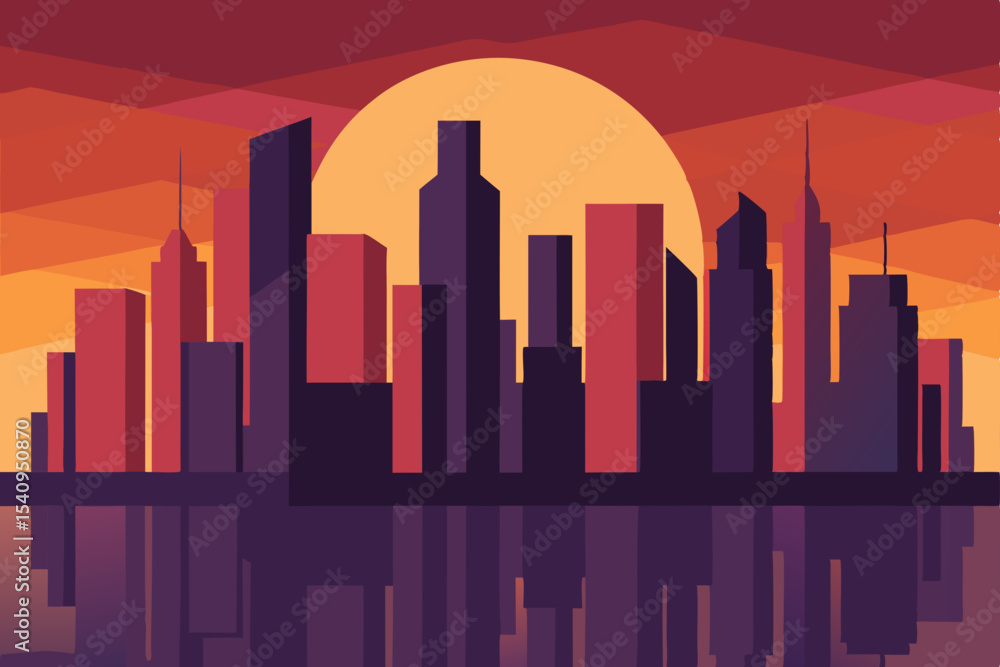 Fototapeta premium Sunset Cityscape A Stunning Vector Illustration of Urban Skyline at Dusk