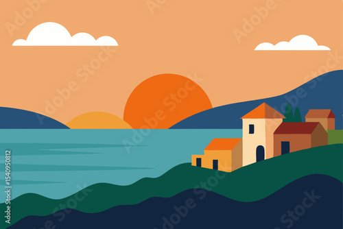 Mediterranean Sunset Coastal Village Landscape Illustration