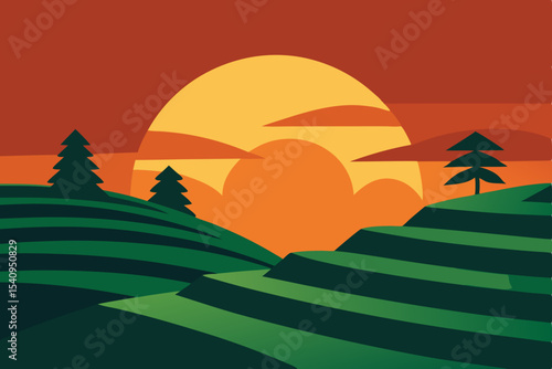 Sunset over Rice Terraces A Vibrant Landscape Illustration