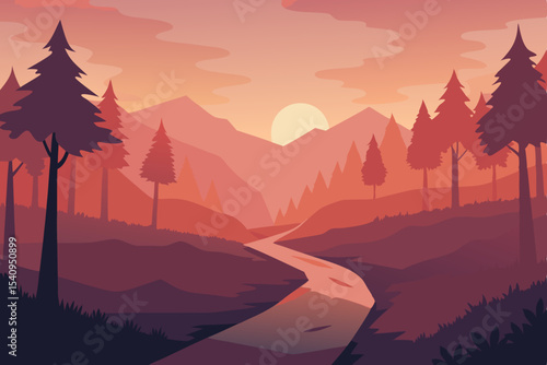 Serene Sunset Landscape River Winding Through Majestic Mountains and Pine Trees