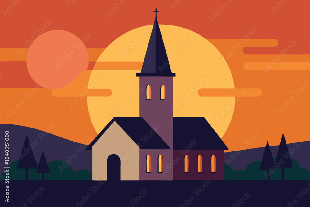 Naklejka premium Serene Sunset Church Silhouette at Dusk, Peaceful Landscape Illustration