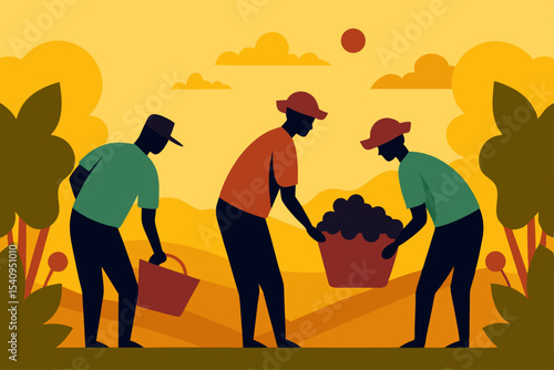 Harvesting the Bounty Farmers Gathering Fresh Produce at Sunset