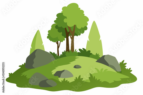 Serene Hilltop Landscape Lush Greenery, Majestic Trees, and Rolling Hills