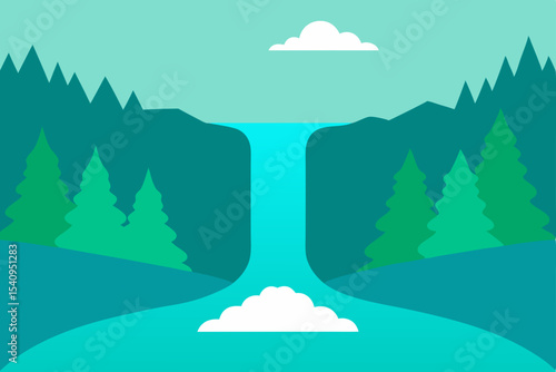 Serene Waterfall Landscape Minimalist Nature Illustration