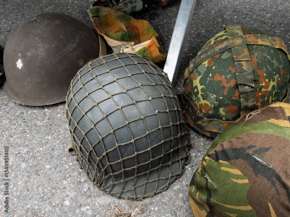 Obraz premium Vintage Military Helmets on Display for Collectors