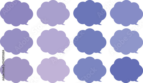All the bubbles have a distinctive, rounded, cloud-like, or scalloped edge design. This vector image features twelve speech bubbles.