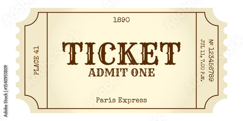 Vintage Paris Express ticket mockup. Antique travel pass with retro design, admit one. Classic ticket for train travel concept