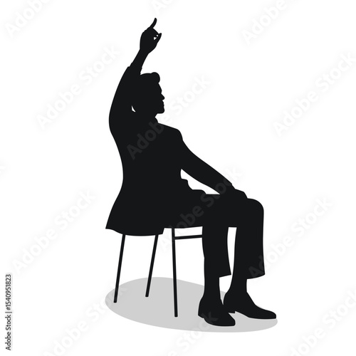 Guy sitting on chair, hand raised high with index finger up, gesture of calling waiter, black silhouette of man