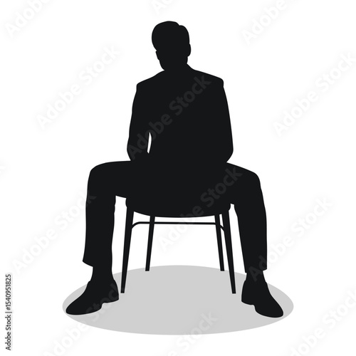 Young man sitting with legs wide apart, black silhouette of a man sitting
