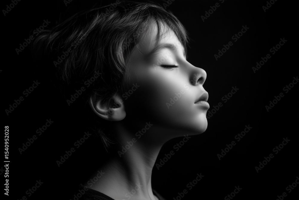 Fototapeta premium Artistic Black and White Portrait of a Peaceful Child Expressing Calmness and Innocence in Timeless Monochrome
