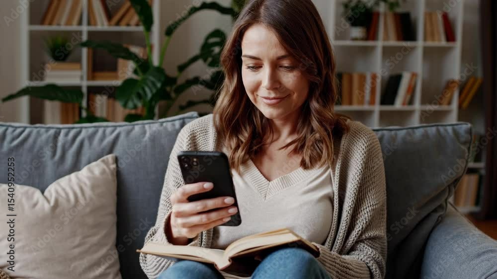 Smiling woman using smartphone and reading book at home Smiling woman using smartphone and reading book at home