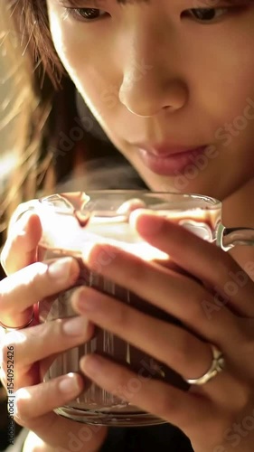 closeup of girl drink hot chocolate on mug