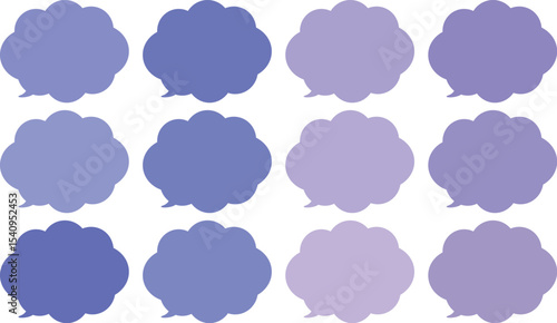All the bubbles have a distinctive, rounded, cloud-like, or scalloped edge design. This vector image features twelve speech bubbles.