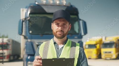 Positive bearded Caucasian man in safety vest smiling while holding clipboard. Standing in sunny transport hub. Monitoring cargo status or confirming freight arrivals during logistics inspection.