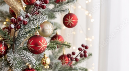 Wallpaper Mural Closeup of a Decorated Christmas Tree with Red and Gold Ornaments Snow and Berries Torontodigital.ca