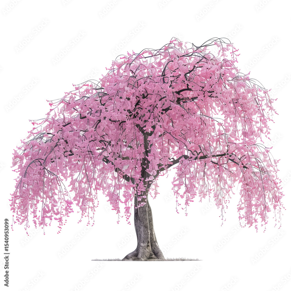 Fototapeta premium A beautiful weeping cherry blossom tree with vibrant pink flowers in full bloom, symbolizing spring and renewal.