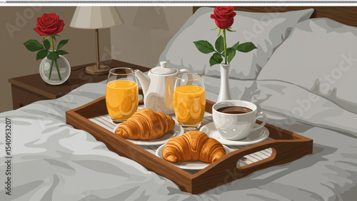 Breakfast in Bed: A romantic morning scene unfolds with a tray of delightful breakfast items, roses, and refreshing drinks, all nestled on a cozy bed.
