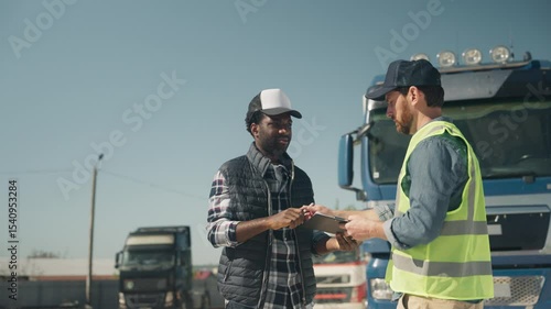 Focused man in checkered shirt and cap signing form on clipboard while standing outdoors. Second man in safety vest observing process. Confirming receipt or finalizing cargo delivery paperwork.