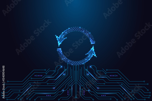 AI automation cycle arrows on circuit board, process refresh and system loop concept illustration