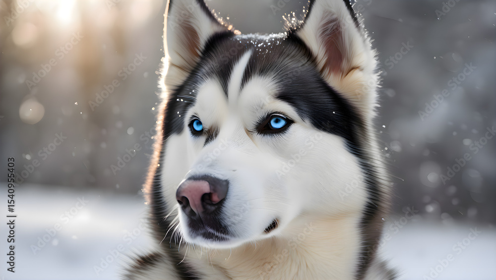 Husky dog with bright blue eyes sitting in the snow during winter, attentively looking around in a cold natural landscape Husky dog with bright blue eyes sitting in the snow during winter, attentively looking around in a cold natural landscape