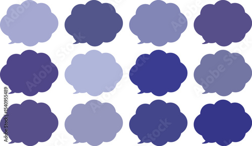 All the bubbles have a distinctive, rounded, cloud-like, or scalloped edge design. This vector image features twelve speech bubbles.