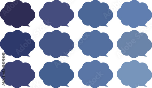 All the bubbles have a distinctive, rounded, cloud-like, or scalloped edge design. This vector image features twelve speech bubbles.