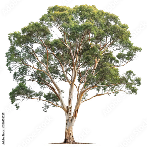 Majestic eucalyptus tree with a broad canopy and smooth trunk, showcasing vibrant green leaves against a clear background.