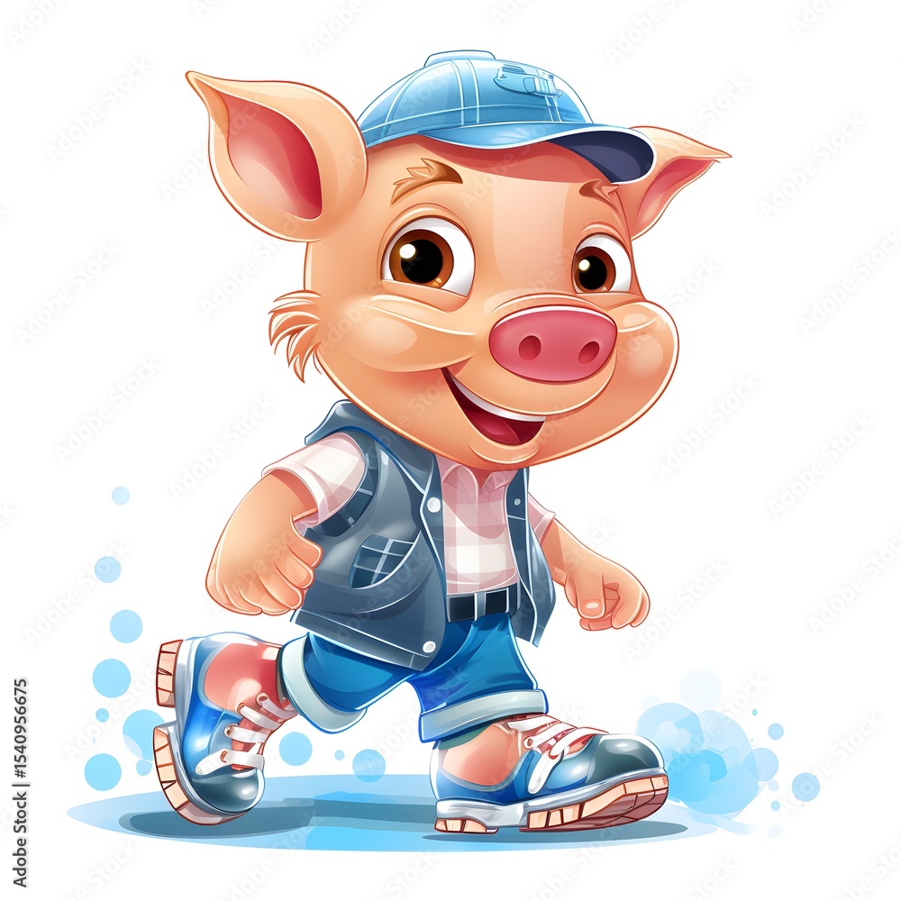 Fototapeta premium Cute Pig Wearing Roller Skates on Transparent Background for Children's Book Illustrations