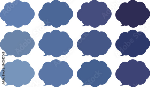All the bubbles have a distinctive, rounded, cloud-like, or scalloped edge design. This vector image features twelve speech bubbles.
