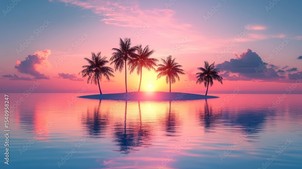 Sunset over a tropical island with palm trees and calm ocean waves, 3d illustration Sunset over a tropical island with palm trees and calm ocean waves, 3d illustration
