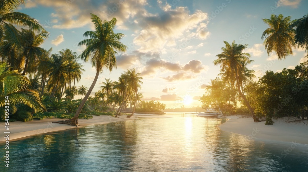 Sunset over a tropical island with palm trees and calm ocean waves, 3d illustration Sunset over a tropical island with palm trees and calm ocean waves, 3d illustration