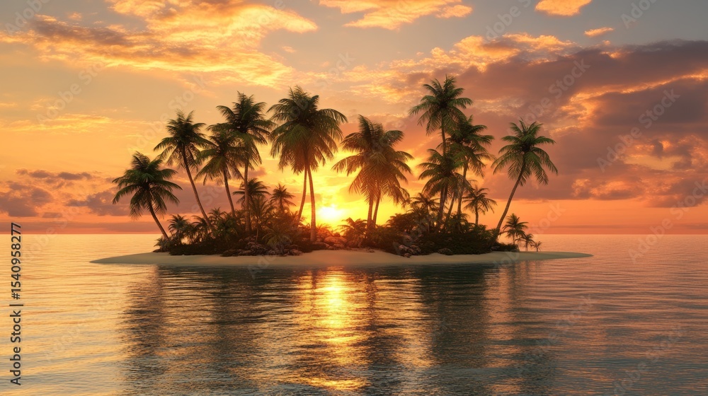 Obraz premium Sunset over a tropical island with palm trees and calm ocean waves, 3d illustration