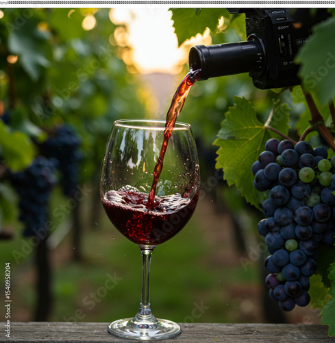 Red Wine Pouring into Glass in Vineyard at Sunset