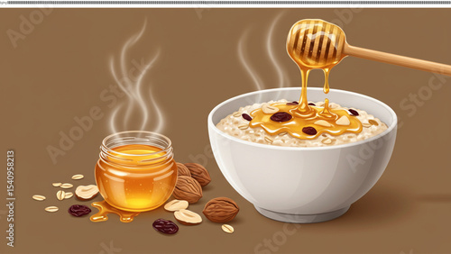 Honey Oatmeal breakfast: Appetizing warm oatmeal in a bowl drizzled with dripping honey for a delicious and nutritious breakfast, promising a nourishing start to your day.