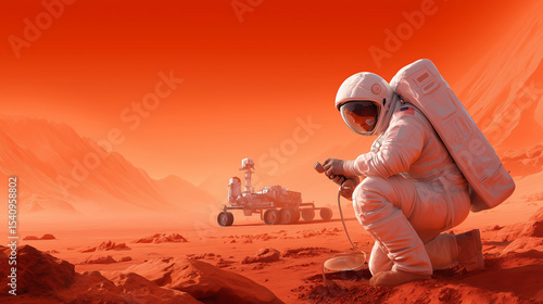An astronaut crouches on the red Martian soil, conducting scientific research while a robotic rover operates in the background