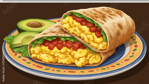 Delicious Burrito: A close-up shot of a mouthwatering burrito filled with fluffy scrambled eggs, savory red salsa, and fresh green lettuce.