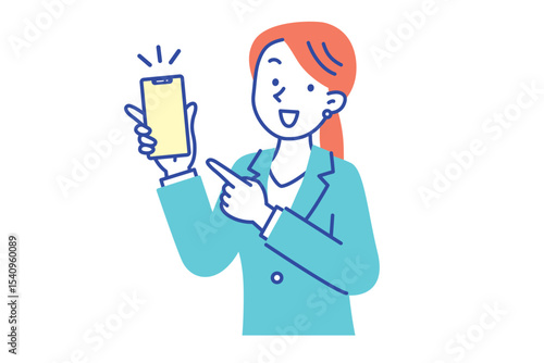 スマートフォンを持ってこちらを見ているスーツ姿の若い女性