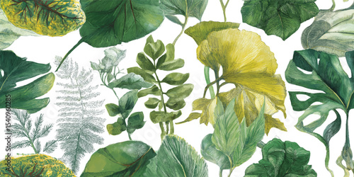 Watercolor Tile of Ginkgo Leaves, Cycads, and Ancient Conifers Seamless Pattern. Decorative Motif for design, textile, packaging, fabric, wallpaper, branding, stationery, wrapping paper interior decor