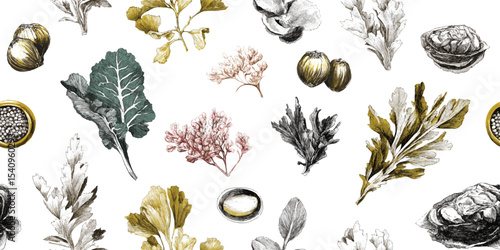 Watercolor Sketch of Fossilized Leaf Imprints and Ancient Plant Fragments Seamless Pattern. Natural design, textile, packaging, fabric, wallpaper, branding, stationery, wrapping paper interior decor.