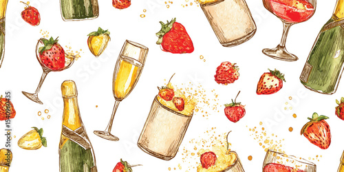 Champagne and Fresh Strawberries Hand-Drawn Seamless Pattern. Festive Beverage and Fruit Decor for design, textile, packaging, fabric, wallpaper, branding, stationery, wrapping paper interior decor.
